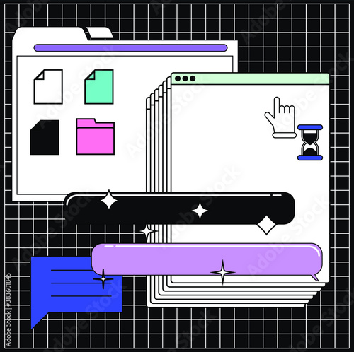 Collage of user interface elements. Cyberpunk and vaporwave aesthetics of 80's.