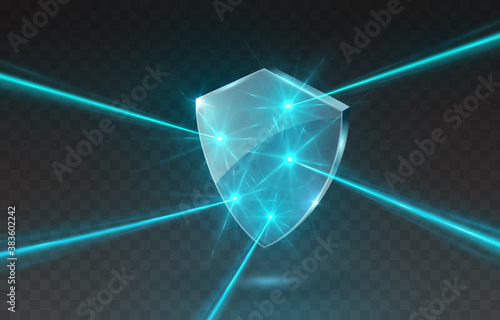 Laser beams with protection shield isolated on transparent background. Abstract blue shine light rays, glow lazer flash effect and glass panel. Vector cyber technology protect icon