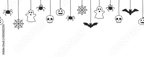 Happy Halloween seamless banner or border with black bats, spider web, ghost  and pumpkins. Vector illustration party invitation white background