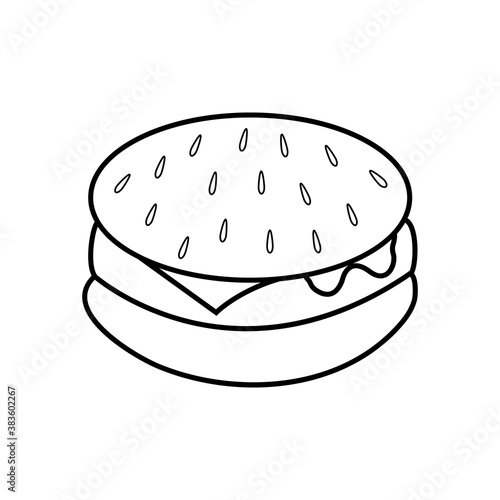 black and white burger, vector illustration. white burger with black line. sesame seeds and seeds are drawn on top. appetizing buns, junk food. fast food, image for cafe