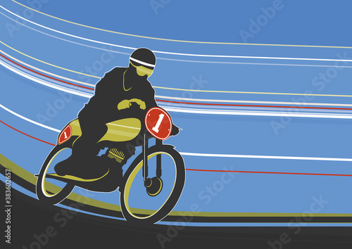Motorcyclist on the track. Simplified illustration of a speeding vintage motorcycle. Flat vector.