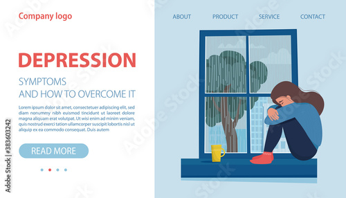 Depression concept. Sad depressed woman sitting hugging her knees. Vector illustration in flat style for landing page, website, banner