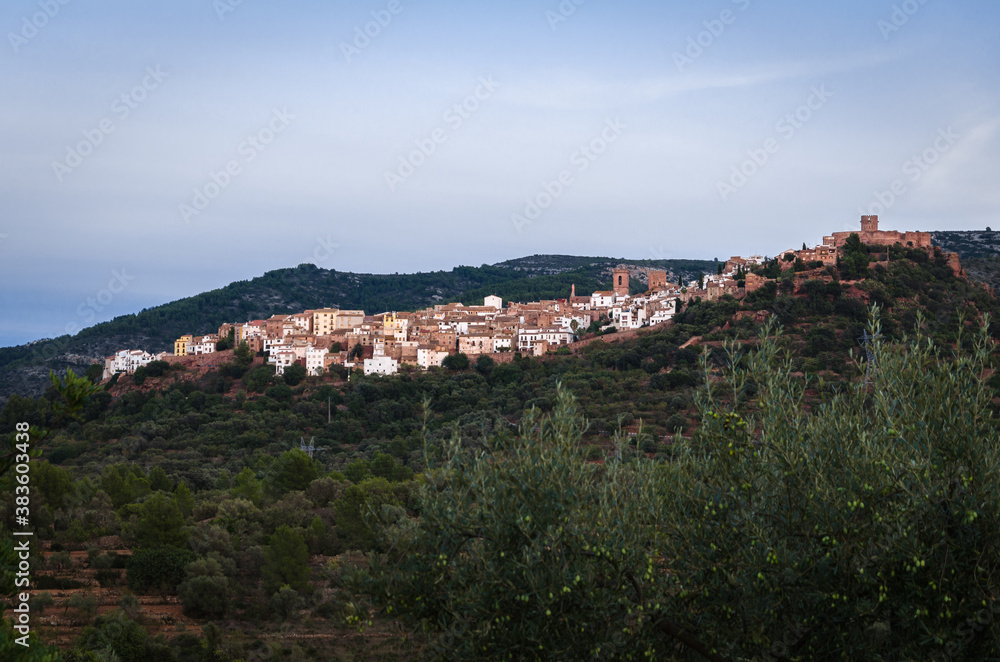 Landscape of the medieval village of Villafames among the olive trees at sunset with the castle on the top of the hill, Castellon, Spain