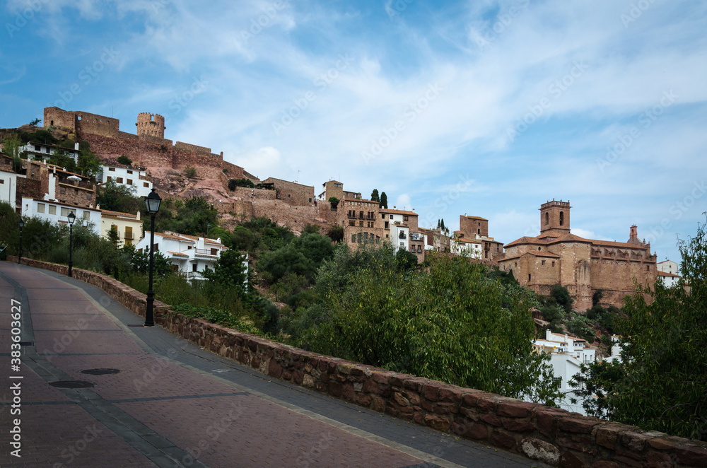 Villafames city skyline with a view of the historical old town and the castle on the top of the village, Castellon, Spain