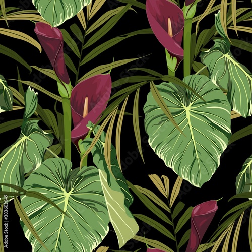 Seamless Floral Tropical Print with Exotic callas lilly Flowers and palms, Nature Ornament for Textile or Wrapping Paper. Jungle Leaves colorful Background, Rainforest Plants. Black background. © Виктор Фесюк