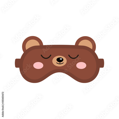 Sleep mask with cute bear face icon. Eye protection wear accessory - animal bear head with ears. Relaxation blindfold isolated on white background. Eye cover flat design vector logo illustration.