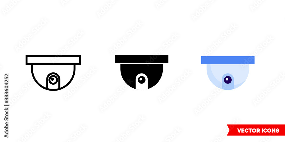 Dome camera icon of 3 types color, black and white, outline. Isolated