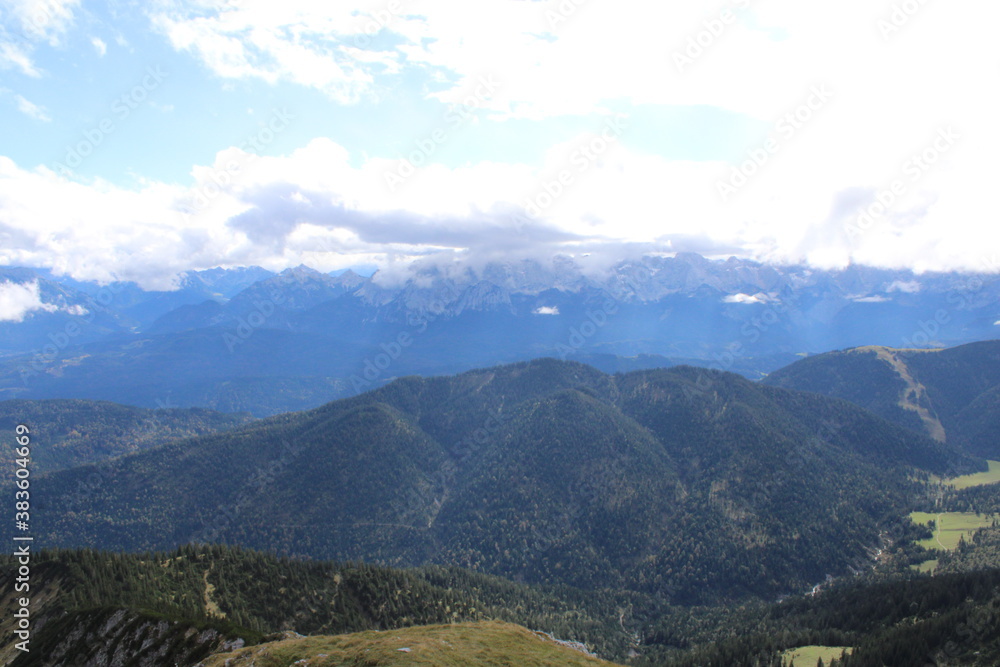 Fototapeta premium The great view from Krottenkopf Mountain, the highest summit in the Bavarian Estergebirge