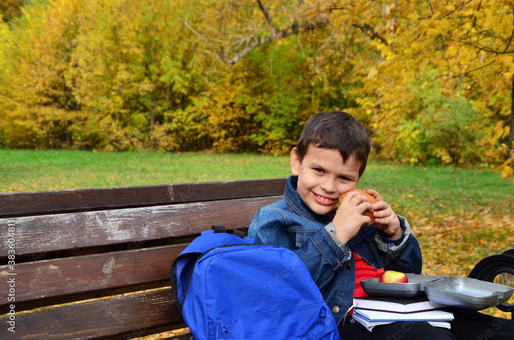 Close-up of a small schoolboy sitting on a Park bench and opening his school backpack during a lunch break. eating a sandwich out of a lunch box Close-up of a small schoolboy sitting on a Park bench and opening his school backpack during a lunch break. eating a sandwich out of a lunch box