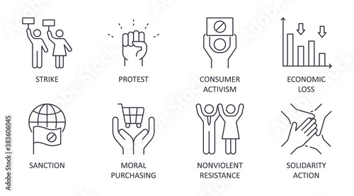 Boycott vector icons. Set of social confrontation symbols editable stroke. Strike protest sanction consumer activism. Economic loss moral purchasing nonviolent resistance solidarity action