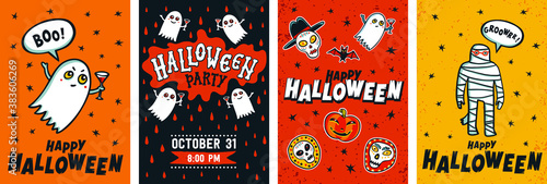 Halloween posters set. Vector collection of Halloween invitations or greeting...