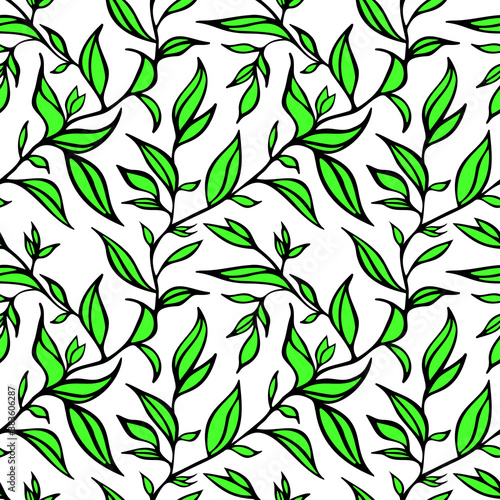 Black ink leaves hand drawn vector seamless pattern. Grunge freehand plant branches on white background. Botanical textile print  wallpaper  wrapping design