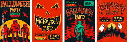 Halloween posters set. Vector collection of Halloween invitations or greeting...