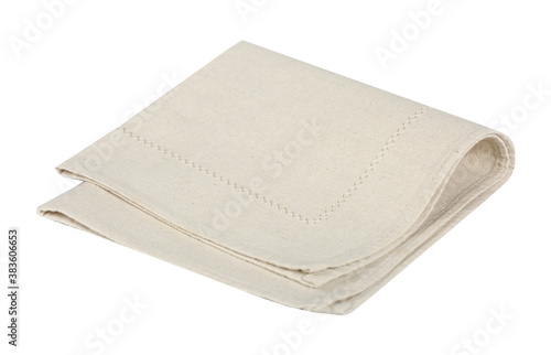 Burlap kitchen towel isolated on white.Beige folded napkin,tablecloth.