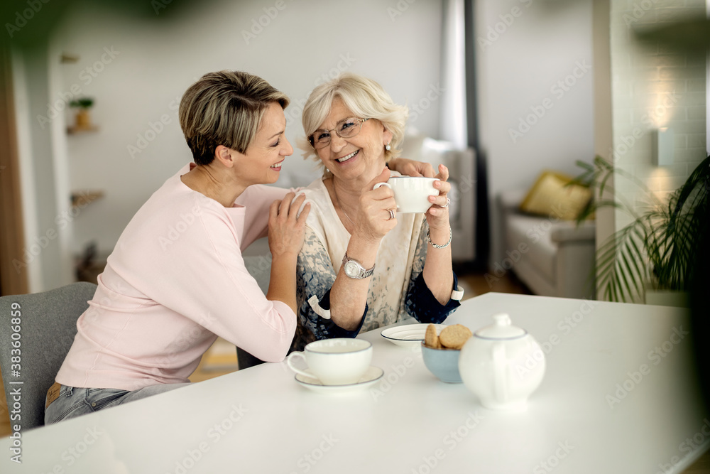 Happy senior woman enjoying in coffee time with her adult daughter at home.