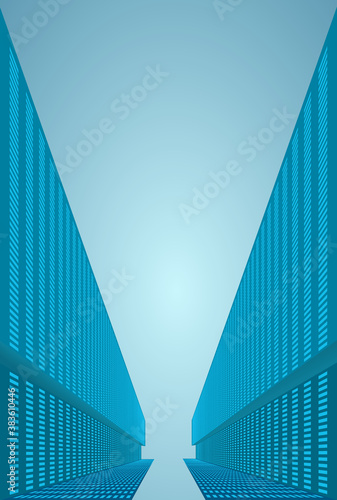 Bottom view of skyscrapers. Sky over tall houses. Evening time. Stock vector illustration.