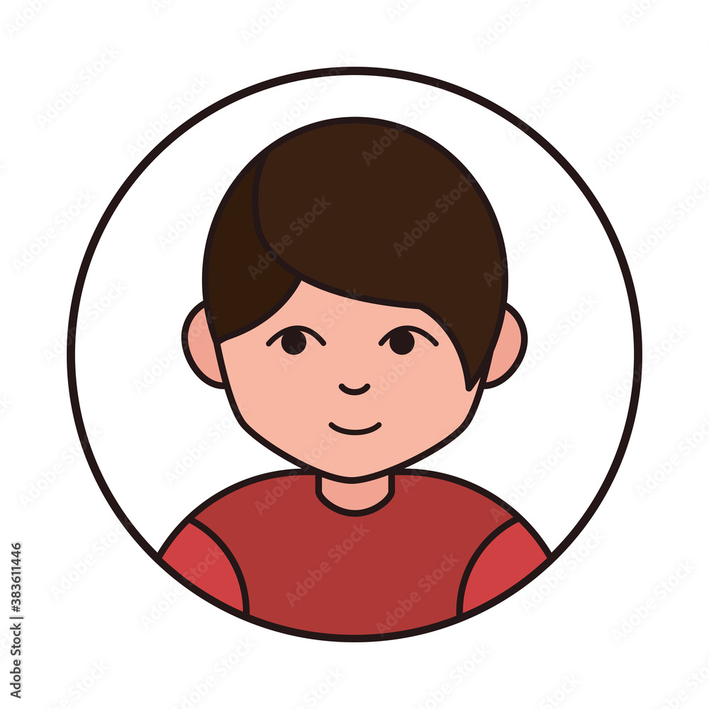 young boy black hair cartoon character, round line icon