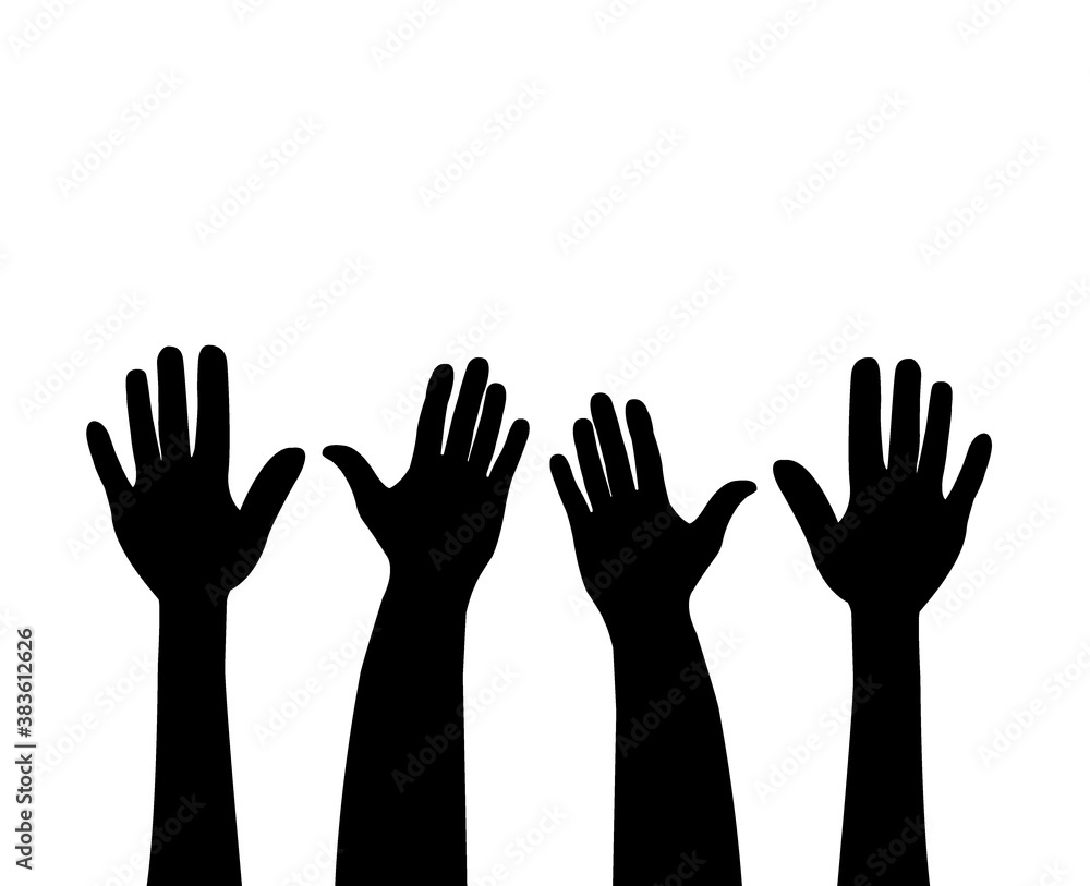 Silhouette of women's and men's hands, palm up, fingers outstretched. Simple, basic illustration on a white isolated background.