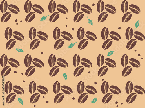 Coffee beans and leaves seamless pattern. Vector illustration for textile design, packaging.
