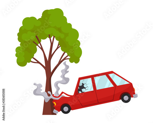 Accident on road car damaged. Road accident icon. Car crash when met a tree. Damaged vehicle insurance. Damaged auto. Not recoverable. Good for advertising an insurance company