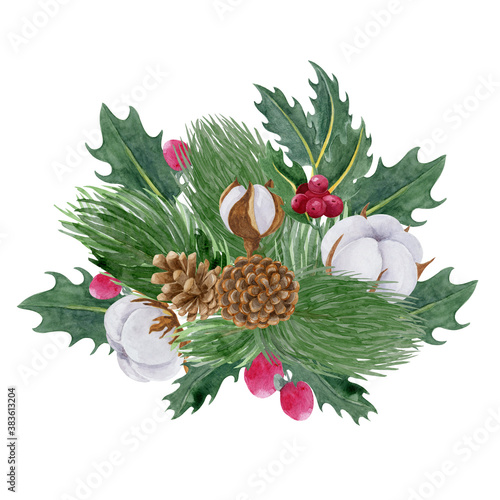 Christmas botanical bouquet watercolor illustration. Holly, cotton, pine cone and fir tree branch isolated on white background.