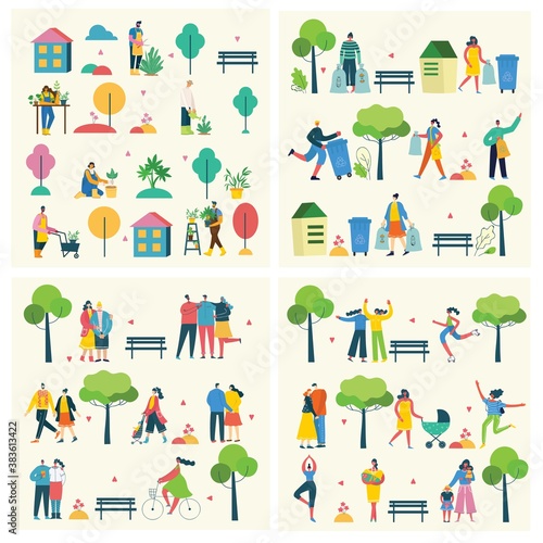 Vector illustration background in flat design of group people walking outdoor in the park on weekend