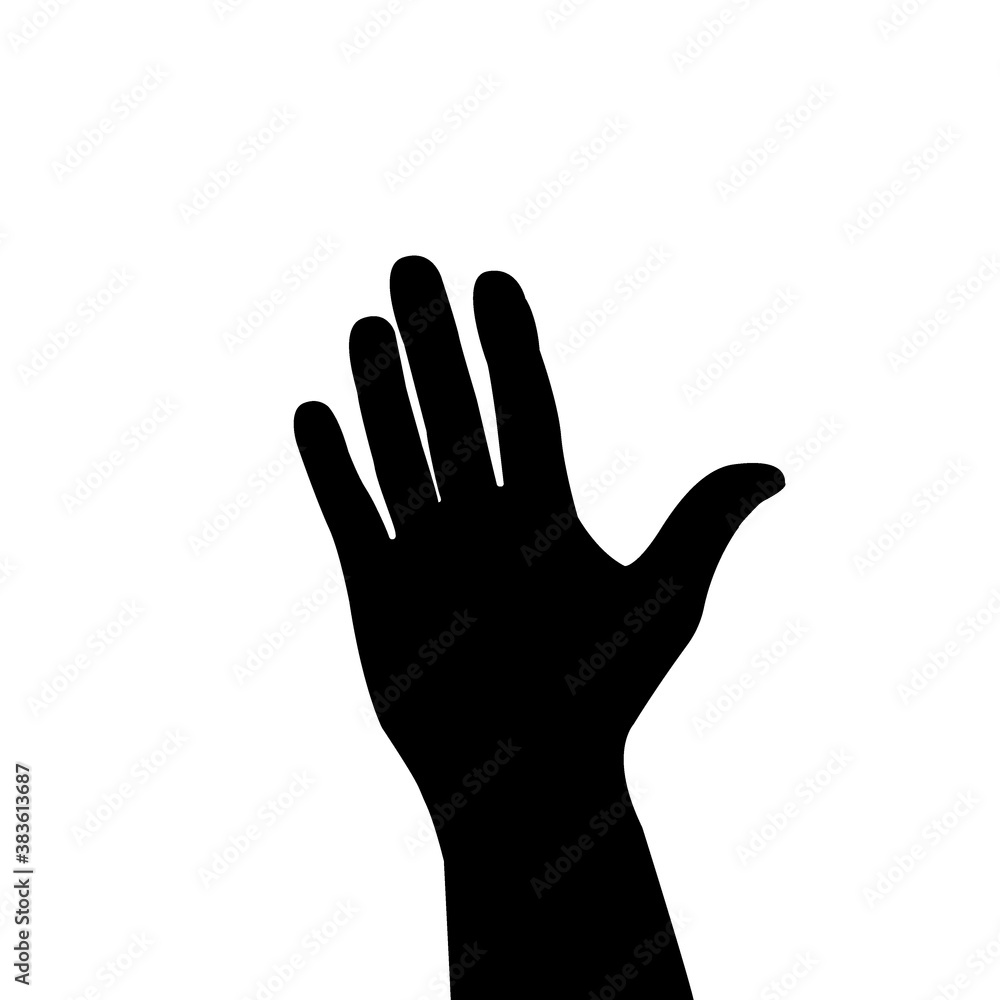 A black silhouette of a man's hand, palm up, fingers outstretched. Simple, basic illustration on a white isolated background.