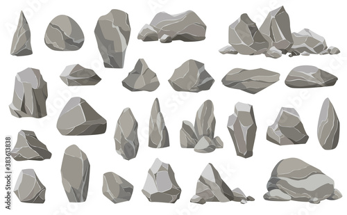 Rock stones and debris of the mountain. Gravel, gray stone. Collection of stones of various shapes