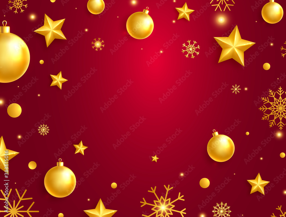 Christmas greeting card with bright gold balls, stars and snowflakes. Celebration border. Luxury red Holiday background. Chic New Year frame. Realistic golden glass xmas toys. Vector illustration Christmas greeting card with bright gold balls, stars and snowflakes. Celebration border. Luxury red Holiday background. Chic New Year frame. Realistic golden glass xmas toys. Vector illustration