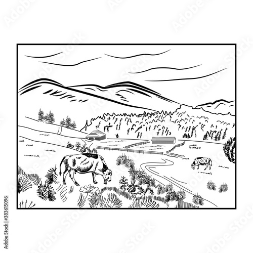 Black sketch cow farm landscape poster with cow grazing in a meadow next to mountains