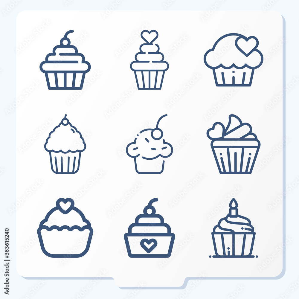 Simple set of 9 icons related to cupcake