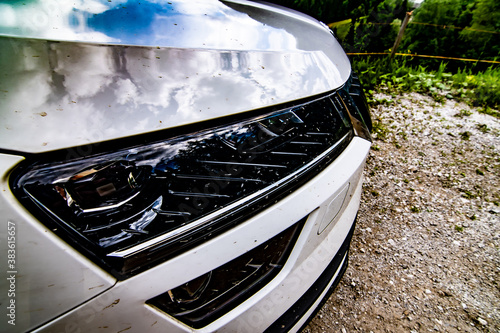 SUV Skoda Karoq LED headlight detail after dirty journey photo