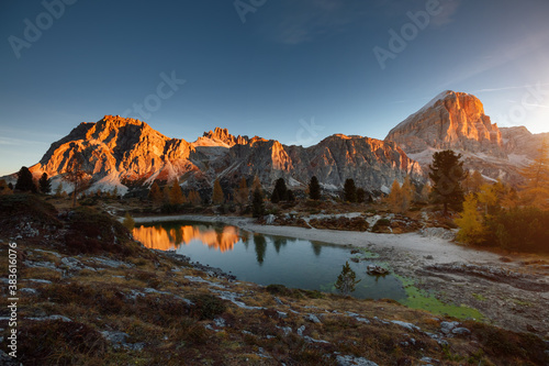 Spectacular view of the Limides lake from Falzarego pass. Dolomite alps, Italy, Europe.