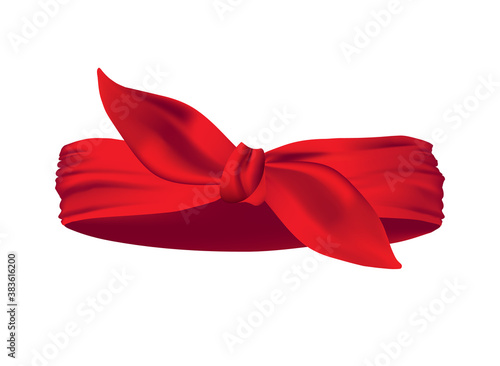 Red realistic bandana on neck. Youth fashion neck scarf or cowboy garment element template. Biker face scarf, bandanna neck shawl. Blank handkerchief unisex uniform. Western clothes