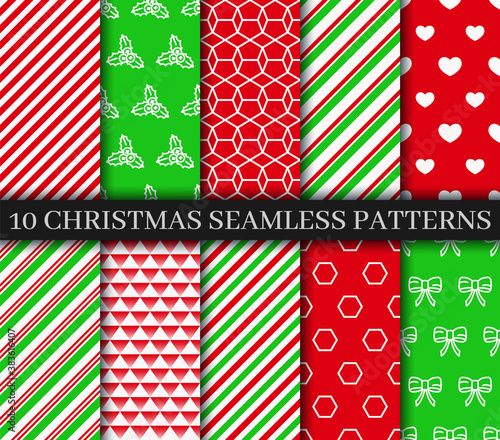 Christmas seamless patterns collection. Xmas New year texture. Festive seamless background with holly, candycane lollipop and geometric ornament. Holiday wrapping paper. Vector