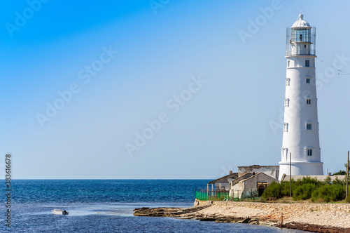 Lighthouse at Cape Tarkhankut on a bright sunny day. Republic of Crimea.