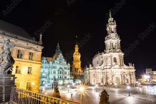 View of cathedral Catholic Hofkirche and palace Georgenbau. Location Dresden, Saxony land, Germany.