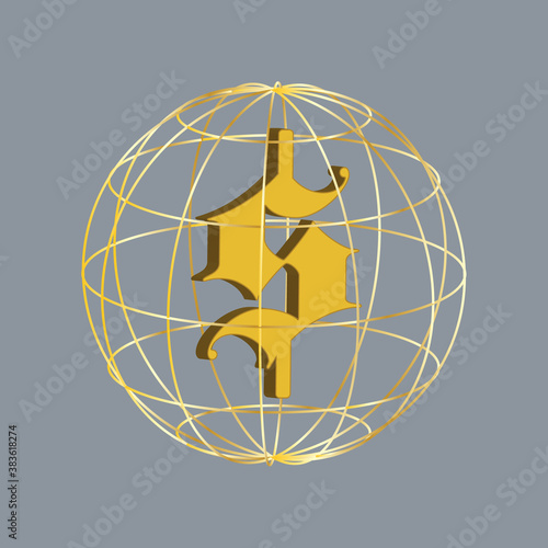 An abstract 3d golden dollar sign caged in a sphere shape.
