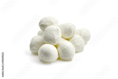 Small mozzarella cheese balls isolated on white background