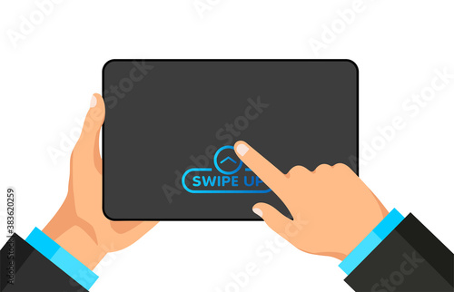 Hand holds digital tablet with quick access button for social media on a screen. Scroll arrows and web icons for advertising and marketing in different apps. Man swipes up on the smartphone display.