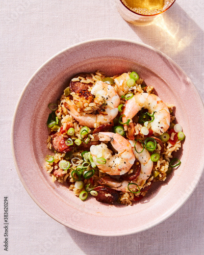 Overhead view of shrimp fried rice served on plate