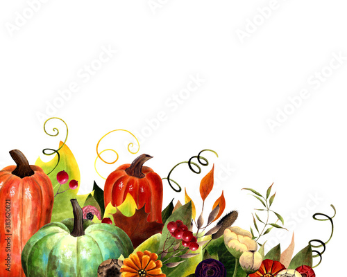 Autumn card with pumpkins, flowers, leaves, berries on white background. Hand drawn illustration