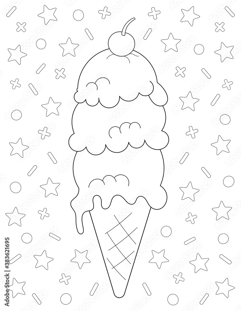 Three Scoops Ice Cream Cone Coloring Page You Can Print It On 8 5x11 Inch Page Stock Illustration Adobe Stock