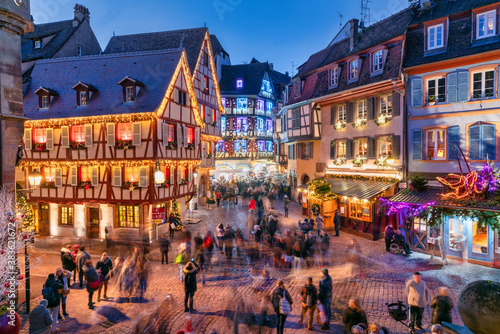Christmas decorations in the Christmas Market, Colmar, Alsace, France