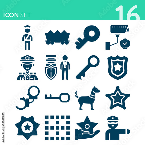 Simple set of 16 icons related to patrol