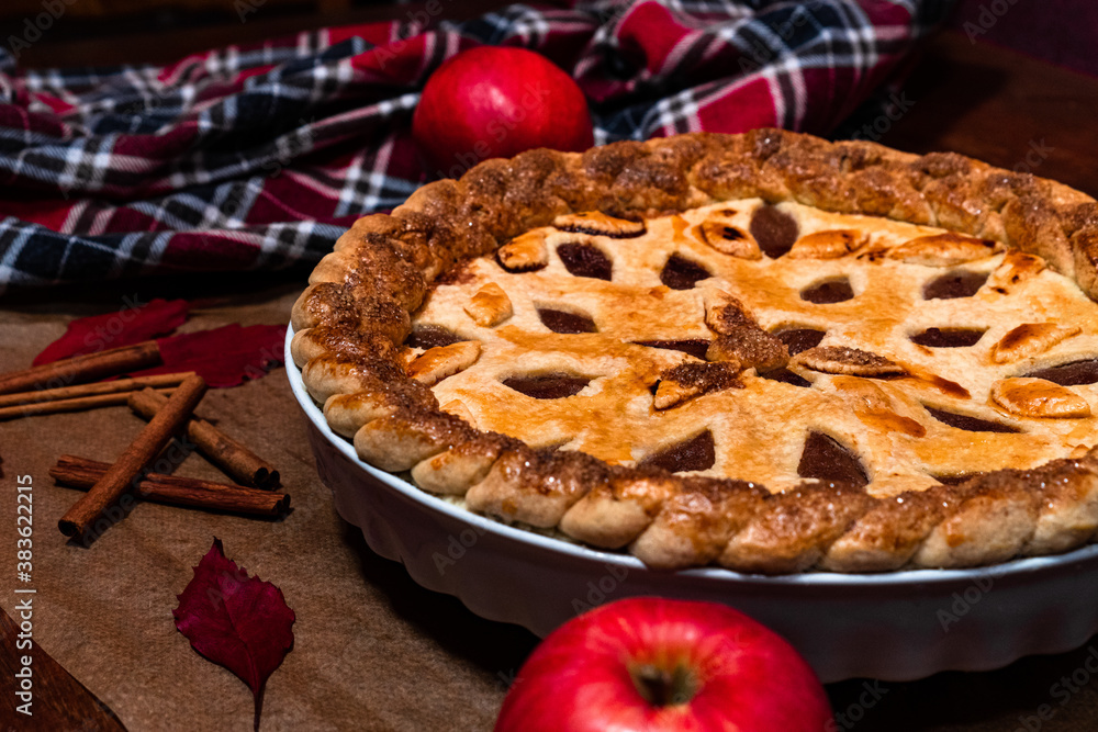 American apple pie flat lay with fall decoration on a table looking delicious American apple pie flat lay with fall decoration on a table looking delicious