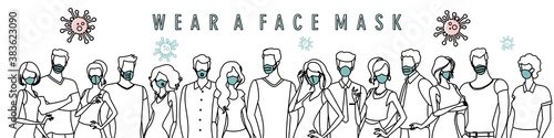 Prevention and warning board for Covid-19 infectious disease. Illustration of crowd of people wearing medical masks and warning text. Vector line design.