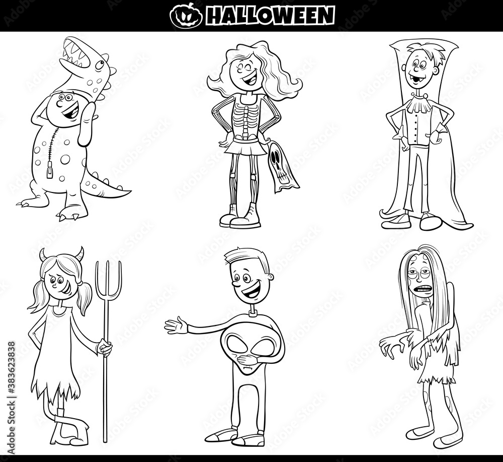 children in Halloween costumes set cartoon coloring book page children in Halloween costumes set cartoon coloring book page