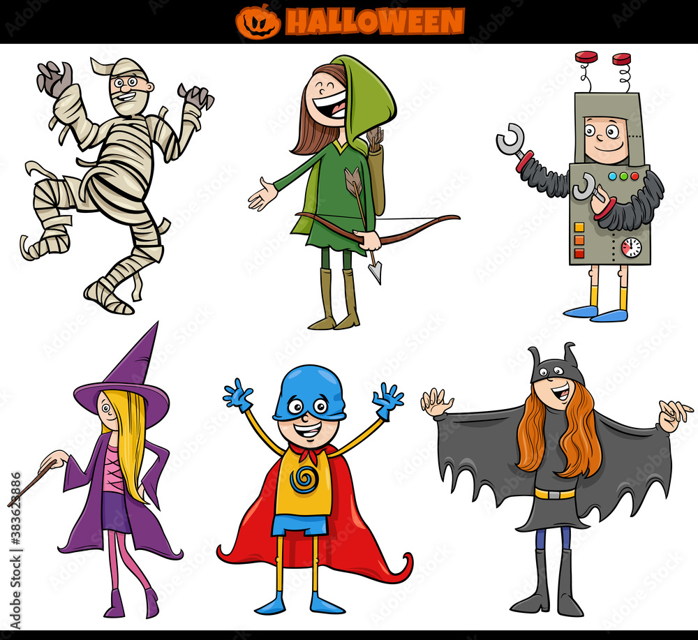 kids in Halloween costumes set cartoon illustration Stock Vector | Adobe  Stock