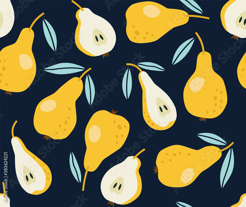 Seamless pattern of yellow pear with sky blue leaves on a blue background. Hand-drawn pears pattern. Vegan food, fruit background. Colorful background texture for kitchen, wallpaper, textile.